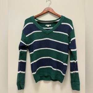 American Eagle Women’s Striped V-Neck Sweater (Green & Blue) (Small)